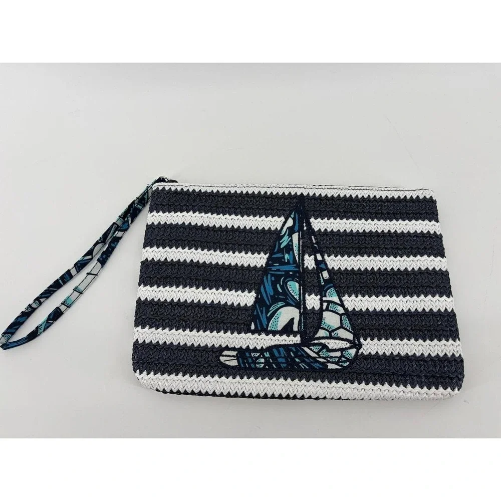 Vera Bradley Shore Enough Straw Beach Wristlet Navy White Sailboat Clutch NWOT